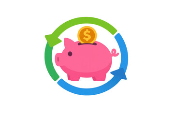 Fototapeta premium Piggy bank with dollar coin and circular arrows illustrating a financial cycle of money saving, investment, and growth
