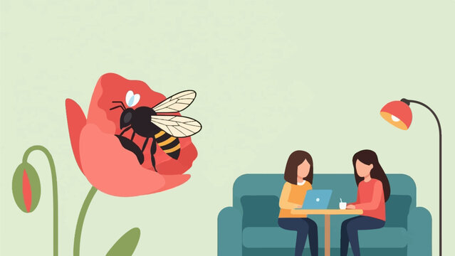 Bee pollinates flower near women working on laptops indoors