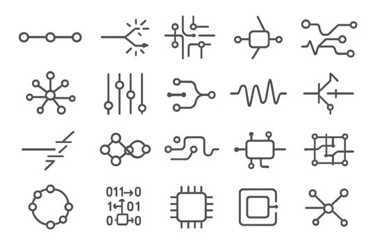 Digital Circuit Icons. Line style icons of digital circuits: data line, glowing path, electric grid, chip trace, circuit web,