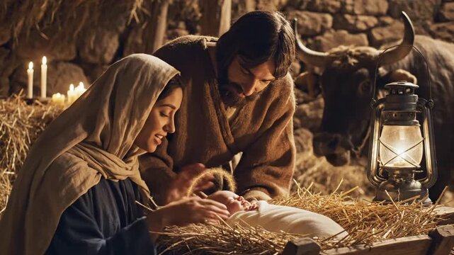 Nativity scene with mother and father in stable