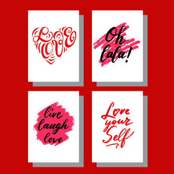 Valentine and Self-Love Lettering Card Set &ndash; Hand Drawn Calligraphy, Brush Typography, Heart Design, Vector Illustration, Poster, Banner, Greeting Card Collection