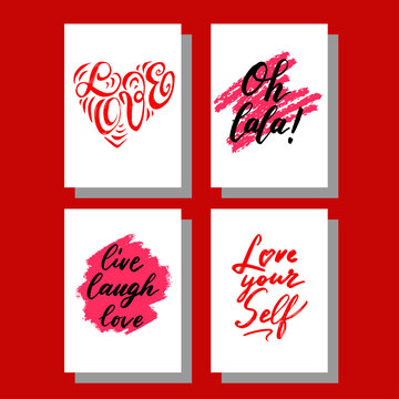 Valentine and Self-Love Lettering Card Set &ndash; Hand Drawn Calligraphy, Brush Typography, Heart Design, Vector Illustration, Poster, Banner, Greeting Card Collection