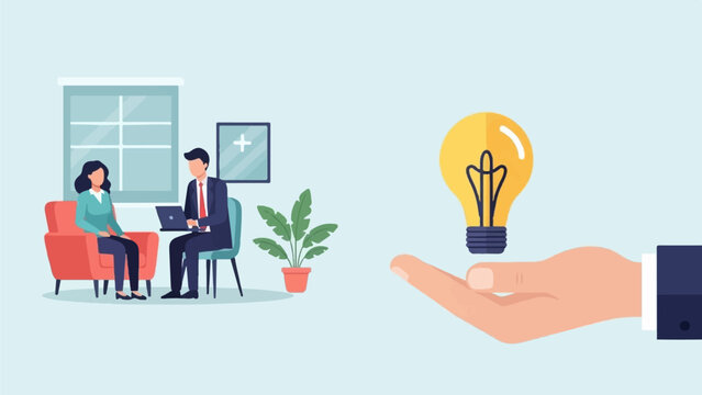 Business meeting with brainstorming session, lightbulb of innovation