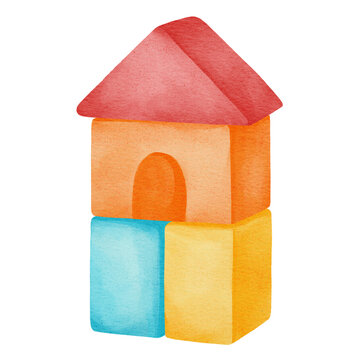 Cute watercolor illustration of colorful toy building blocks forming a small house in a playful kids style.
