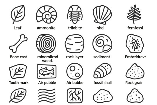 Fossil Preservation Icons. Line style icons of Sailing Tradition: sail mast, anchor chain, captain hat, spyglass, flag rope, knot