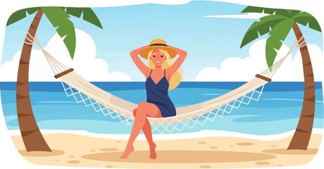 Woman relaxing in a hammock between two palm trees on a sunny beach