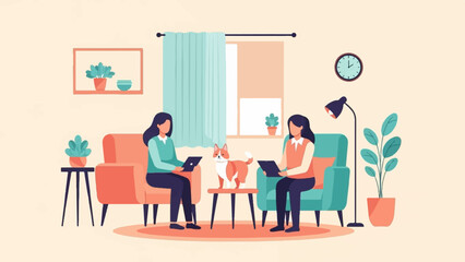 Two women with a dog relax in a cozy living room, reading on tablets and books