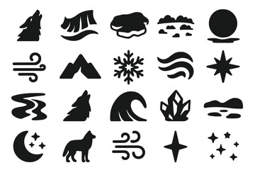 Arctic Night Spirit Icons. Solid style icons of Arctic night spirit: wolf howl, aurora wave, icy ground, tundra plain, glowing