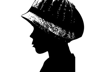 Stylized silhouette profile of a person wearing a hat, black and white graphic art with abstract patterns, simple and bold illustration representing identity or mystery, clean design background