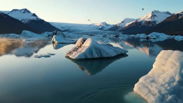 Icebergs floating in a serene glacial lake surrounded by snowcapped mountains and a clear blue sky