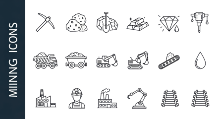 Black outline vector icons of mining tools, raw materials (gold, oil, diamond), machinery (dump truck, excavator), a miner, and factory structures, on a transparent background with 'MINING ICONS'