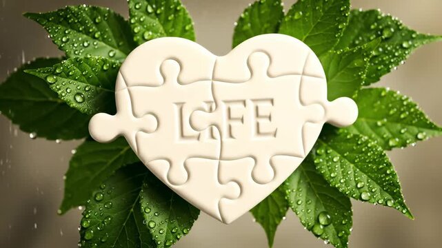 Heart Puzzle Piece with Word LIFE - The video shows a heart-shaped puzzle piece with the word LIFE etched on it, surrounded by lush green leaves.