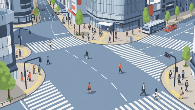 Busy urban intersection with pedestrians, cars, and bus