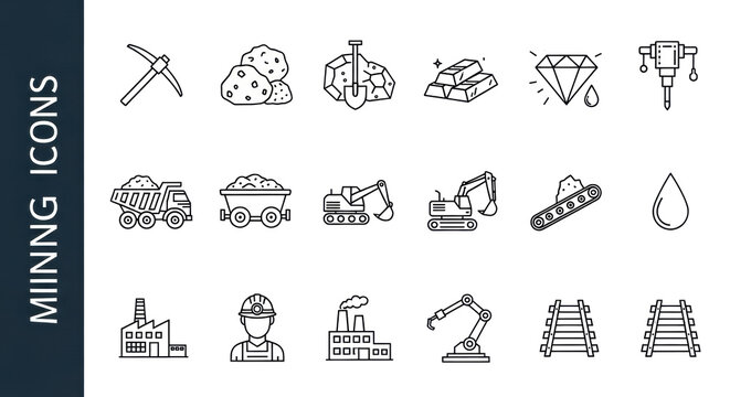 Black outline vector icons of mining tools, raw materials (gold, oil, diamond), machinery (dump truck, excavator), a miner, and factory structures, on a transparent background with 'MINING ICONS'