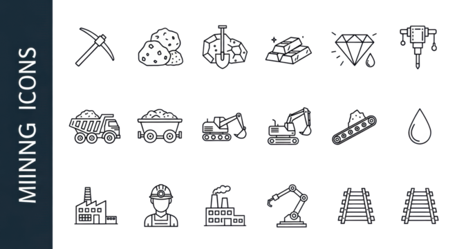 Black outline vector icons of mining tools, raw materials (gold, oil, diamond), machinery (dump truck, excavator), a miner, and factory structures, on a transparent background with 'MINING ICONS' - Powered by Adobe