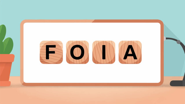 Wooden letter tiles spell out "FOIA" on a whiteboard with plant and lamp