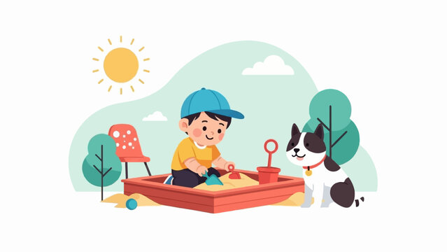 Child playing in sandpit with dog, sun, trees, chair, and clouds