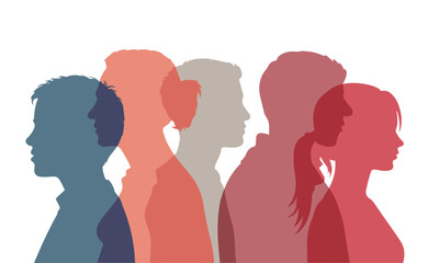 Colorful Head Silhouettes of Young Adult Mens and Womens on White Background.