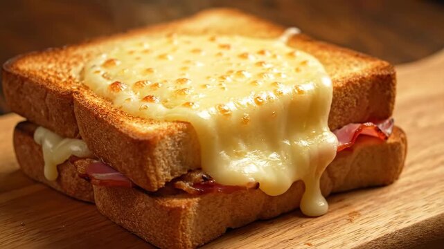 Delicious Croque Monsieur Sandwich - A close-up shot features a hot Croque Monsieur, a French ham and grilled cheese sandwich, resting on a wooden board.