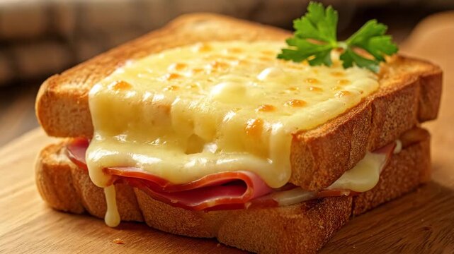 Hot Croque Monsieur on Wooden Board - This video features a close-up of a hot Croque Monsieur, a classic French grilled ham and cheese sandwich.