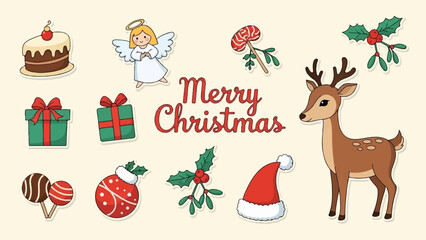 Fototapeta premium Cartoon Christmas elements including a deer, angel, cake, gifts, and holly