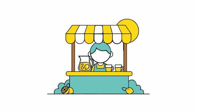 Cartoon child selling lemonade from a stand with lemons and sunshine