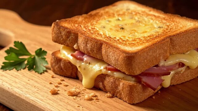 Croque Monsieur on Wooden Board - A close-up shot of a hot Croque Monsieur sandwich. The sandwich is on a wooden board and features ham and melted cheese between two slices of grilled bread.