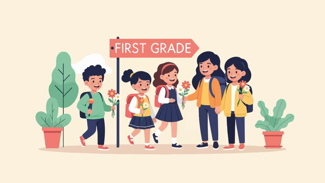 Children with backpacks and flowers walk towards a "First Grade" sign