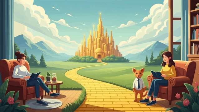 Two women and a dog read books in a cozy room with a view of a golden palace