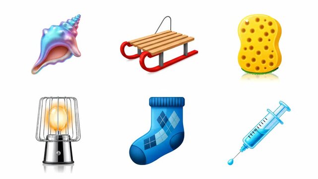 Set of Infographic Icons: Shell, Sled, Sponge - This video features a set of six illustrated icons, including a seashell, a sled, a yellow sponge, a vintage sunlamp, a blue patterned sock, and a