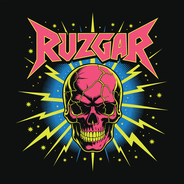 Ruzgar Neon Skull with Lightning Bolts Rock Metal Graphic