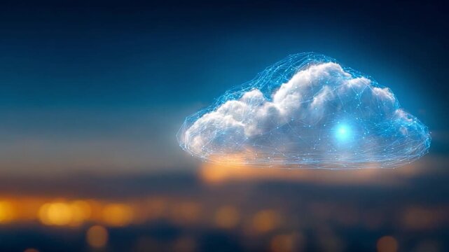 Skybound Cloudscape: Capturing the ethereal beauty of a digital cloud formation suspended in the evening sky, this image evokes a sense of futuristic technology and the seamless integration of data.