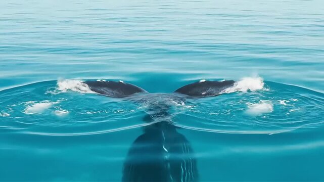 Dramatic underwater view of a breaching whale creating swirling water patterns and powerful ripples in the ocean capturing nature s raw energy and marine life beauty
