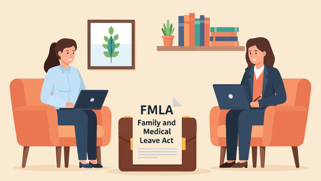 Two women in armchairs with laptops, a briefcase with FMLA document
