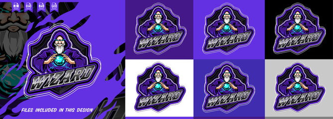 Hooded wizard e-sports mascot logo design. Mystic sorcerer holding a glowing blue crystal orb, Vector file. Ideal for e-sports teams, gaming brands and merchandise. Multiple colors variations. eps