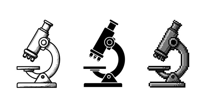 Three microscope styles: sketch, solid black, and pixel art on white background
