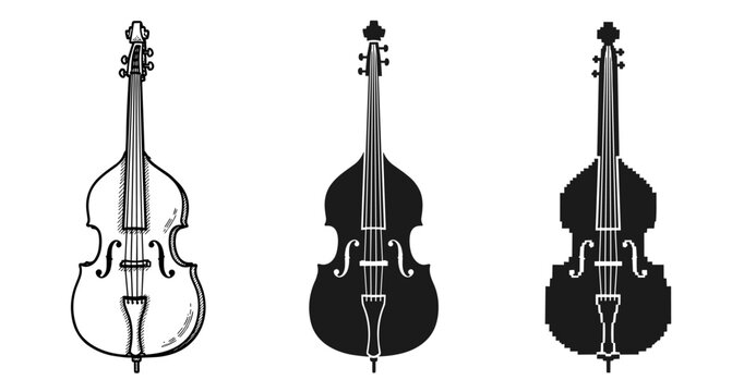 Set of three artistic double bass illustrations in various styles