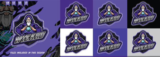Hooded wizard e-sports mascot logo design. Mystic sorcerer holding a glowing blue crystal orb, Vector file. Ideal for e-sports teams, gaming brands and merchandise. Multiple colors variations. ai