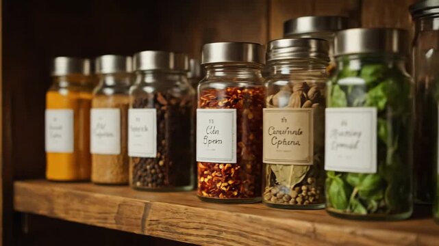 Jars of Spices on Wooden Shelf - A close-up shot showcases a collection of glass jars filled with colorful spices.