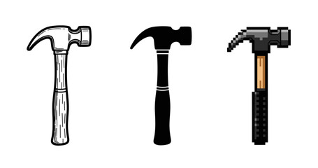 Three hammers: retro pixel, silhouette, and wood-handled designs on white background