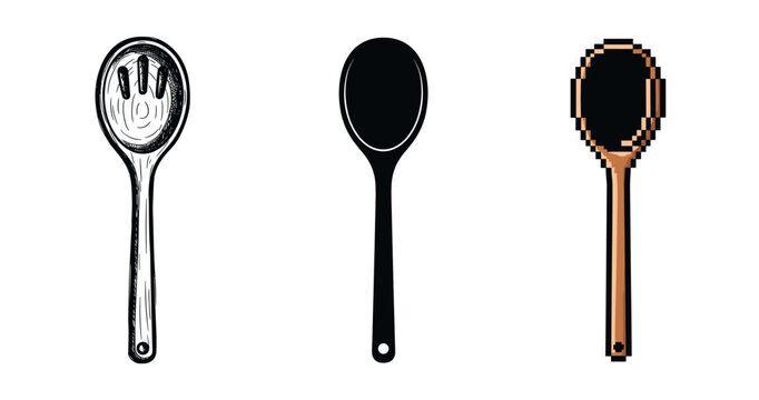 Three wooden spoon designs: engraved, solid, pixel art on white background