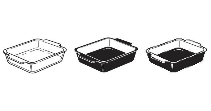 Set of three square baking dishes in different styles: line art, silhouette, pixel