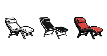 Chic lounge chairs: retro, modern, and pixel art styles on display