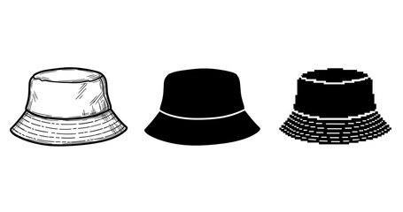 Bucket hat evolution: sketch, solid, and pixel art styles