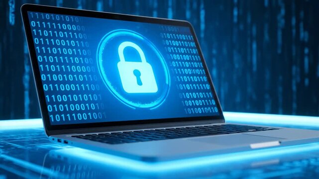 Laptop with Digital Lock Symbolizing Cybersecurity - The video showcases a laptop displaying a digital lock symbol, surrounded by binary code, representing cybersecurity.