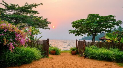 Tropical garden path opens toward a tranquil ocean vista at sunset