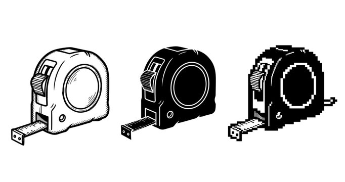 Three tape measure designs: sketch, silhouette, and pixel art styles