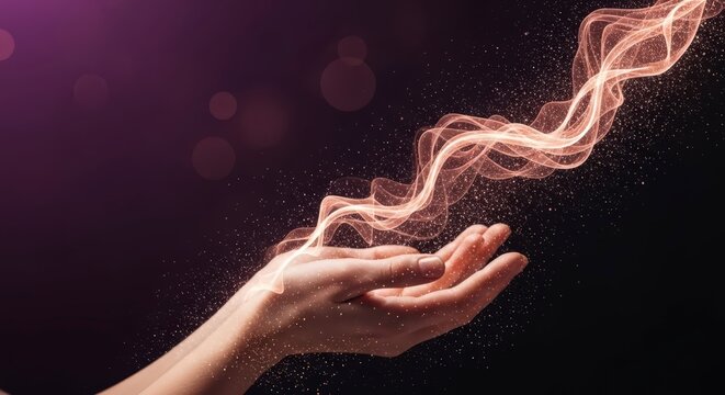 A stunning surreal image of a pair of hands with a flowing wave of golden light and shimmering dust particles. Set against a dark purple bokeh background, representing healing, inspiration, inner magi