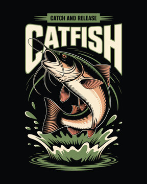 Catch and Release Catfish Fishing Badge Illustration with Detailed Fish Art