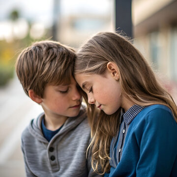 Clean blurred image of boy and girl together conveying gentle intimacy subtle emotions soft focus and harmonious minimalist visual storytelling composition